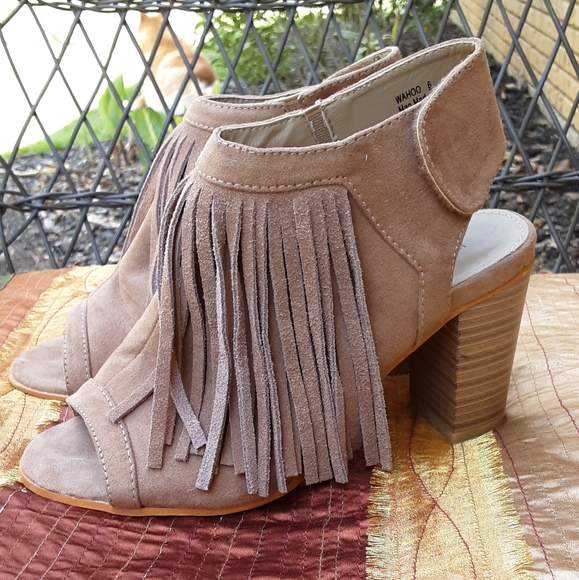 Corkys Shoes Corkys Wahoo Tan Faux Suede Fringe Stacked Heel Open Toe Shoe Poshmark